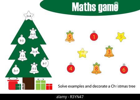 Spiel Math mit Dekoration Weihnachtsbaum für Kinder, Bildung zählen Spiel für Kinder, Vorschule Arbeitsblatt Aktivität, Aufgabe für die Entwicklung der Lo Stock Vektor