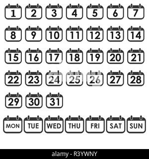 Vector Illustration, flache Bauform. Kalender Tag Icon Set, Nummer auf der Seite "Kalender" Stock Vektor