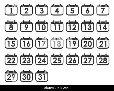 Vector Illustration, flache Bauform. Kalender Tag Icon Set, Nummer auf der Seite "Kalender" Stock Vektor