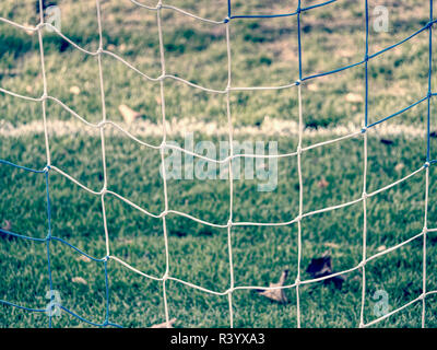 Fußball oder Football Ecke Linien durch Sicherheitsnetz. Ansicht von hinter der Tribüne net mit unscharfen Stadion und Feld pitch Stockfoto