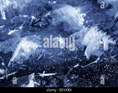 Schneeflocken auf dem Eis der gefrorenen Fluss in der kalten Wintertag. Selektive konzentrieren. Getönten Bild. Stockfoto