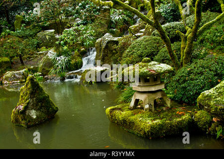 Himmlische fällt und unteren Teich, Winter, Portland japanischer Garten, Portland, Oregon, USA Stockfoto