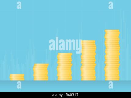 Abbildung: Eine wachsende Graph der Goldmünzen auf einem blauen Hintergrund-Vektor Stock Vektor
