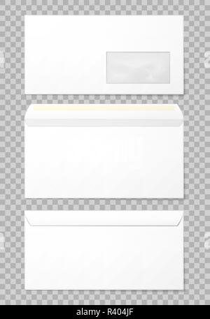 Leere Umschläge in 3 Ansichten, hinten und vorne geschlossen und geöffnet. Foto-realistische Vector Illustration. Stock Vektor