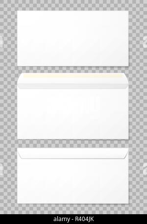 Leere Umschläge in 3 Ansichten, hinten und vorne geschlossen und geöffnet. Foto-realistische Vector Illustration. Stock Vektor