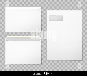 Leere Umschläge in 3 Ansichten, hinten und vorne geschlossen und geöffnet. Foto-realistische Vector Illustration. Stock Vektor