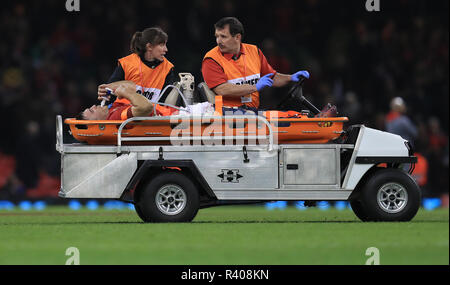 Wales" Ellis Jenkins ist aus stretchered verletzt nach dem Herbst Internationale im Fürstentum Stadium, Cardiff. Stockfoto