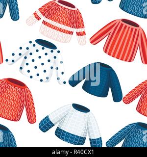 Nahtlose Muster. Sammlung von Winter gestrickte Pullover. Kleidung mit unterschiedlichen Muster. Flache Vector Illustration auf weißem Hintergrund. Stock Vektor