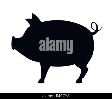 Schwarze Silhouette. Grosses Schwein mit Curly tail. Bauernhof Haustier. Flat Style Tier Design. Vector Illustration auf weißem Hintergrund. Stock Vektor