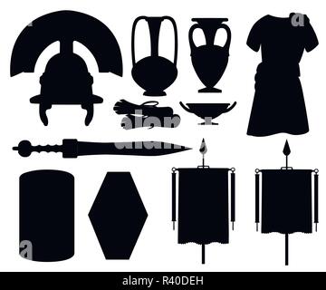 Schwarze Silhouette. Sammlung von antiken römischen Symbolen. Kleidung, gladius, Scutum, Schriftrollen und anderes keramisches Geschirr. Flache vector Illustrator am Pfingstmontag isoliert Stock Vektor