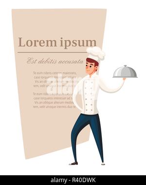 Junge Küchenchef. Flache Vector Illustration auf weißem Hintergrund. Cartoon Character Design. Lächelnd Mann, Koch hält Silbertablett. Platz für Text auf Braun Stock Vektor