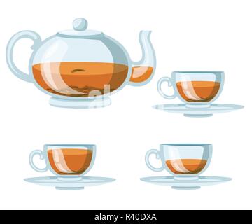 Transparente Glas Teekanne und Tassen mit schwarzem Kaffee. Grüner oder schwarzer Tee für Design, Werbung und Verpackung. Flache Vector Illustration auf weißen isoliert Stock Vektor