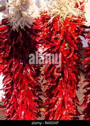 USA, New Mexiko, Sant Fe, rote Chilischoten auf String. Santa Fe Stockfoto