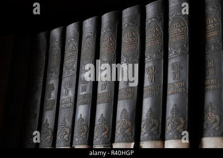 Antik schwarz Bücher in einer Bibliothek, New York, NY, USA Stockfoto