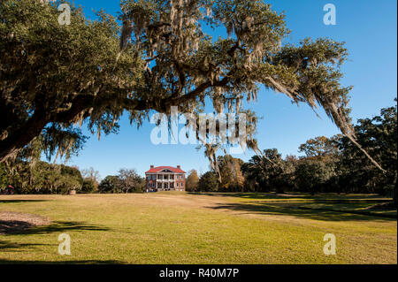 Spanische Moos bedeckt Baum und die Drayton Hall aus dem 18. Jahrhundert Plantation House, Charleston, South Carolina. Stockfoto