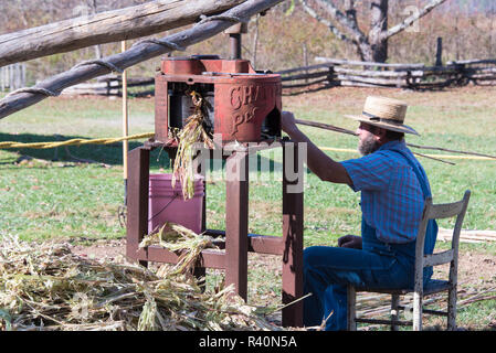 USA, Tennessee, Cades Cove, das Besucherzentrum historischen Demonstration. Bauer rss-feeds Sorghum während Pferd Mühlstein Melasse zu machen dreht Stockfoto