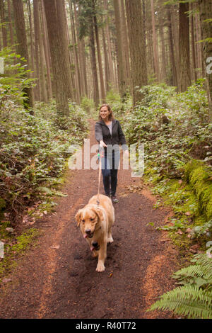 USA, Washington State, Kirkland, Frau walking Golden Retriever Hund im Wald von Bridle Trails State Park. (MR) Stockfoto