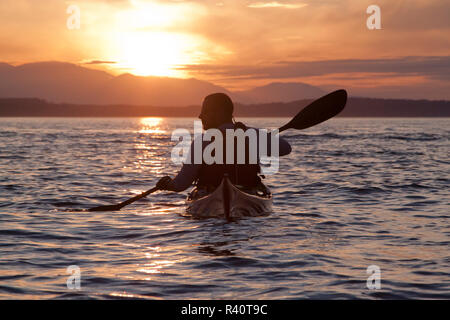 USA, Washington, Seattle. Ein Mann in einem Kajak Paddel Elliott Bucht bei Sonnenuntergang, im Westen an die Olympischen Berge suchen. (MR) Stockfoto