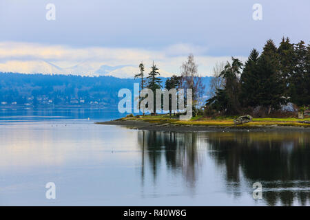 Bremerton, Washington State. Schiffswrack an herbste Boden mit immergrünen Bäumen, Olympischen Berge und Färbungen Eingang Stockfoto