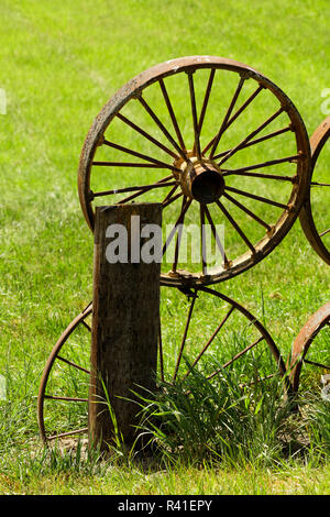 Räder auf Rad Zaun am Dahmen Scheune, Uniontown, Staat Washington. Stockfoto