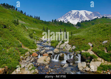 USA, Staat Washington, Mount Rainier National Park. Mount Rainier und Edith Creek Kaskade. Stockfoto
