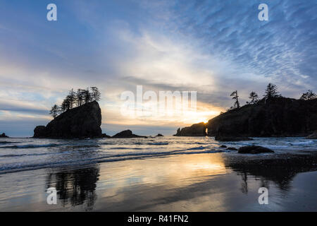 Sonnenuntergang am zweiten Strand in Olympic National Park, Washington State, USA Stockfoto