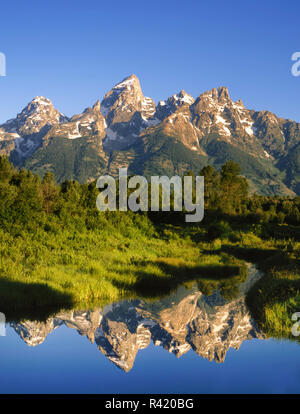 USA, Wyoming, Grand Teton National Park. Grand Tetons reflektieren in Snake River. Stockfoto