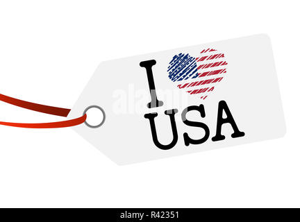 Tag mit Text Ich liebe usa hängen Stockfoto