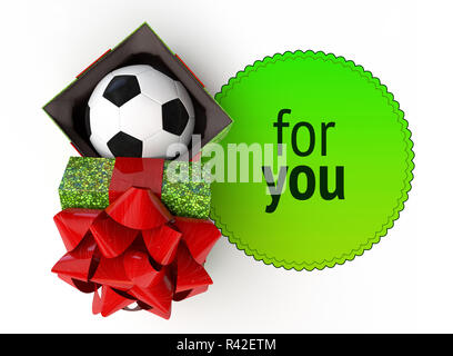 Ansicht von oben geöffnet Geschenkkarton mit Fußball im Inneren. render cg Abbildung lila Deckel violett Leer vorliegenden Fall am Vivid Gradienten und Raum Textplatzierung isoliert auf dunklen Stockfoto