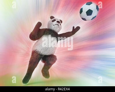 Wild panda goalie in der schnelle Sprung versucht, einen Fußball auf einem farbenfrohen Aquarell Hintergrund zu fangen verwischt. aufrechte Charakter tragen Torwart Fänge Tonhöhe. Stockfoto
