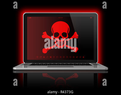 Laptop mit eine Piratenflagge auf dem Bildschirm. Hacking Konzept Stockfoto