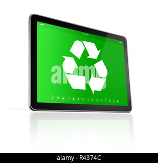 Digital-Tablet-PC mit einem recycling-Symbol auf dem Bildschirm. Umweltschutz-Konzept Stockfoto