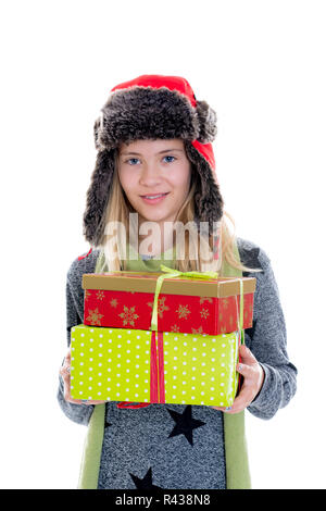 Schöne blonde Mädchen mit Geschenkboxen, Kappe und Narbe Stockfoto