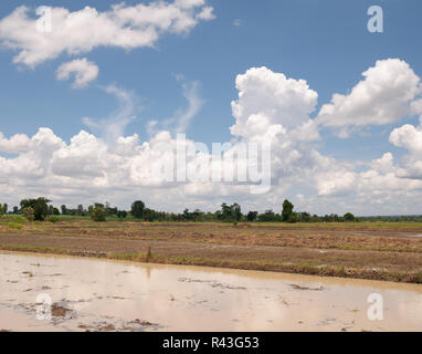 Gepflügte Feld bereit für das Einpflanzen. Wolken ziehen am blauen Himmel. Ackerland Landschaft Stockfoto