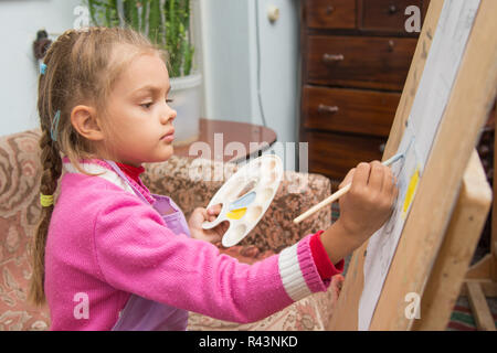 Die Mädchen zieht ein Bild malt auf einer Staffelei im Atelier des Künstlers Stockfoto