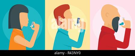 Inhalator Entlüfter tiefen Atem Gesundheit Asthma banner Konzept gesetzt. Flache Darstellung von 3 Inhalator Entlüfter tiefen Atem Gesundheit asthma Vektor banner Konzepte für Web Stock Vektor