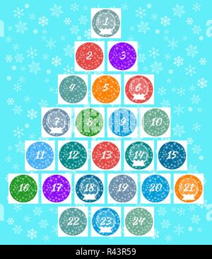 Weihnachten Adventskalender. Mehrfarbige windows mit Zahlen von Dezember Tage und Schnee Kugeln. Schneeflocken Hintergrund Stock Vektor
