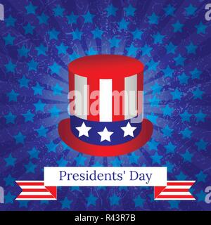 Präsidenten Tag. Das Konzept eines nationalen Feiertag in den Vereinigten Staaten. Hut mit USA-Flagge Symbole. Hintergrund mit Strahlen und Sterne. Grunge Textur. Stock Vektor