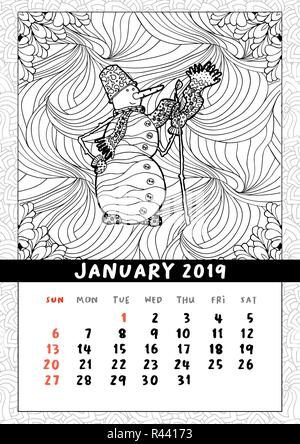 Schneemann in doodle Stil, kalender Januar 2019. Malbuch Plakat für Erwachsene und Kinder mit fröhlichen Winter Charakter. Schwarze und weiße Linie art Illustration. Planer vector Pattern Stock Vektor