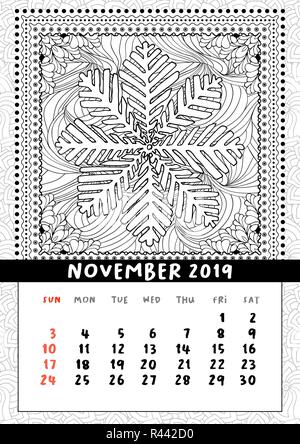 Schneeflocke Malbuch Seite, Kalender November 2019. Handdraw doodle Abbildung in quadratischen Rahmen. Schwarze und weiße Linie Art Poster. Vektor, Muster Stock Vektor