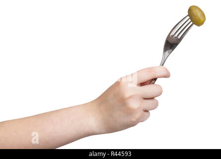 Hand dinning Gabel mit aufgespießt grüne Oliven Stockfoto