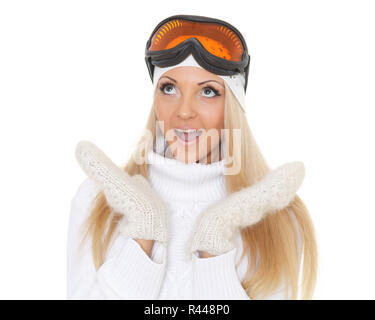 Junge Frau im Winter warme Kleidung und Ski Brille. Stockfoto