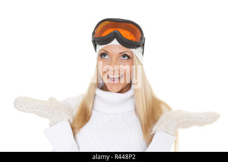 Junge Frau im Winter warme Kleidung und Ski Brille. Stockfoto