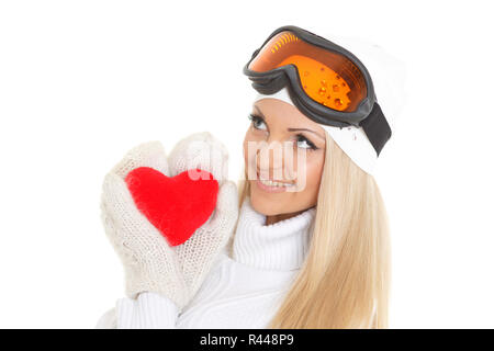 Junge Frau mit roten Herzen in die Hände Stockfoto