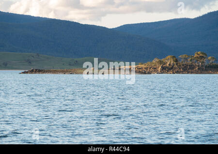 See Insel im Lake JIndabyne mit Bergen im Hintergrund Stockfoto