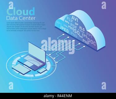 Der Vektor der Cloud Data Center, Cloud Computing Technologie, isometrische Design, Konfiguration des Netzwerks. Stock Vektor