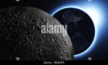 Planetenerde im Universum oder Weltraum, Erde und Galaxie in einem Nebel-Wolken Stockfoto