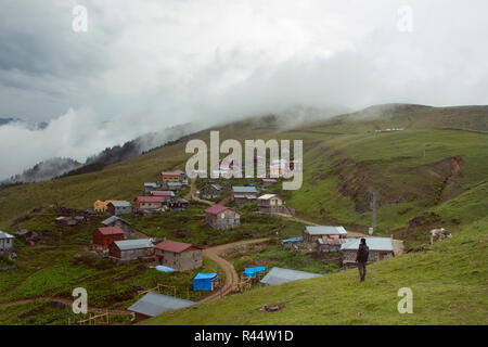 Blick auf Frau auf der Suche an einem Berg (hochplateau) Dorf namens Gito, Wald, Bäume, Glas Feld und Nebel. Das Bild wird in Rize Bereich der Schwarzen gefangen Stockfoto