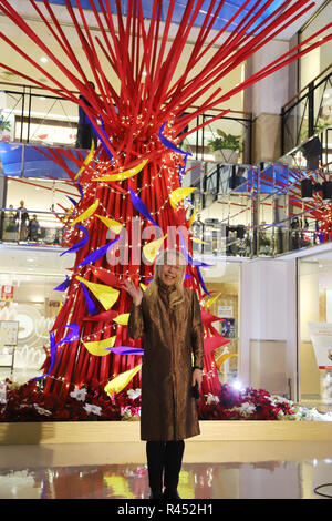 Yokohama, Japan. 23 Nov, 2018. Japanische Blume designer Shogo Kariyazaki stellt einen Weihnachtsbaum, der von ihm in den Himmel bauen in Yokohama, Vorort von Tokio produziert 50-Gebäude feiert am Freitag, 23. November 2018 zu feiern. Der 6-Meter Weihnachtsbaum wird durch die Weihnachten angezeigt werden. Credit: Yoshio Tsunoda/LBA/Alamy leben Nachrichten Stockfoto