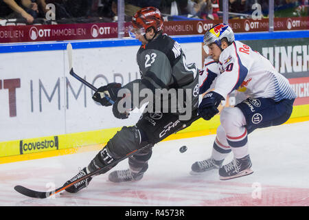 Köln, Deutschland, 25. November 2018, Nordrhein-Westfalen, Köln: Eishockey: DEL, Kölner Haie - EHC Red Bull München, Hauptrunde, 21. Spieltag in der Lanxess Arena. Die Kölner Austin Madaisky (l) und der Münchener Tobias Eder Kampf um den Puck. Foto: Rolf Vennenbernd/dpa Quelle: dpa Picture alliance/Alamy leben Nachrichten Stockfoto